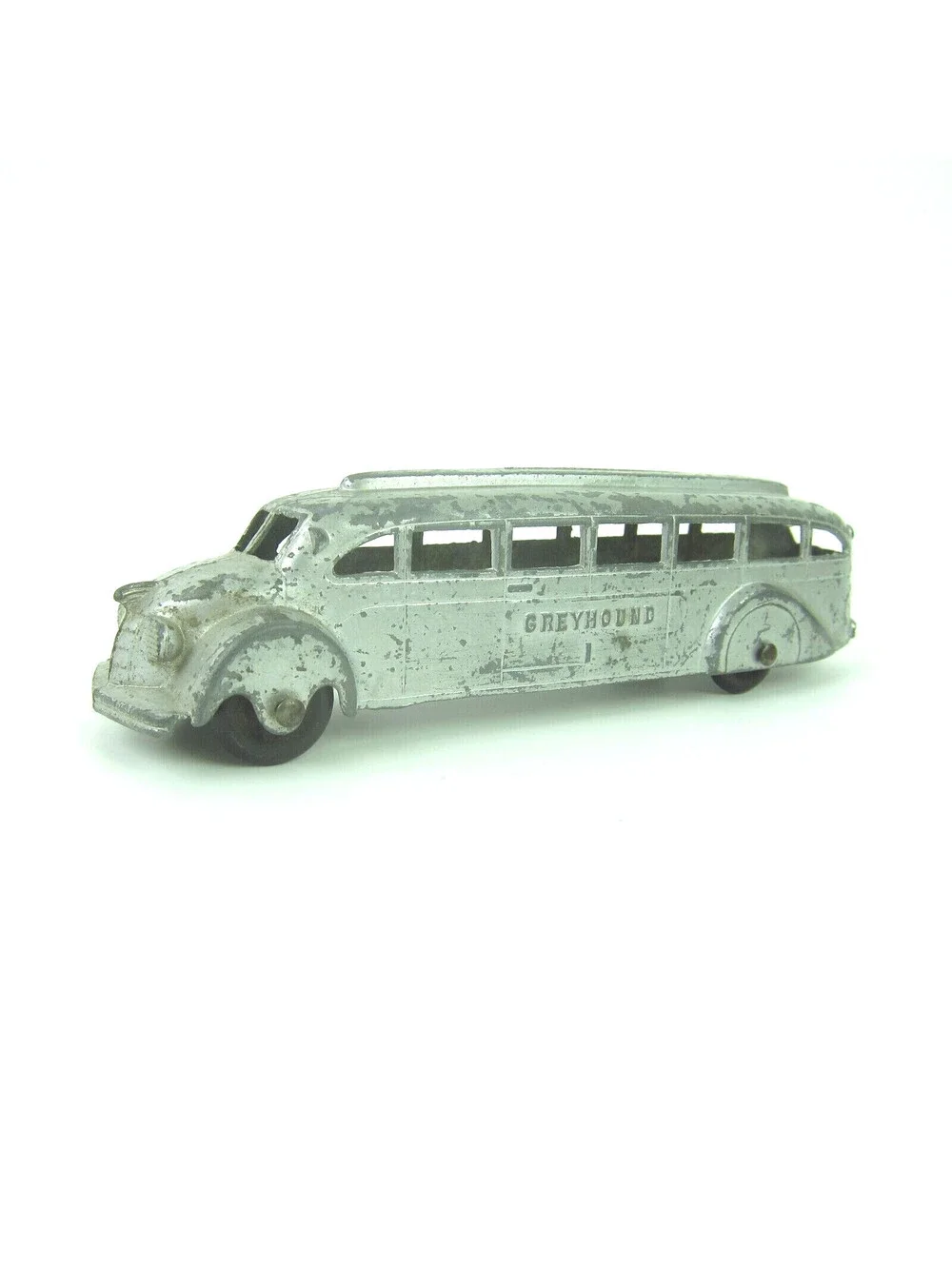 Vintage 1930s Tootsie Toy Die Cast Greyhound Bus Rubber Tires Silver Art Deco
